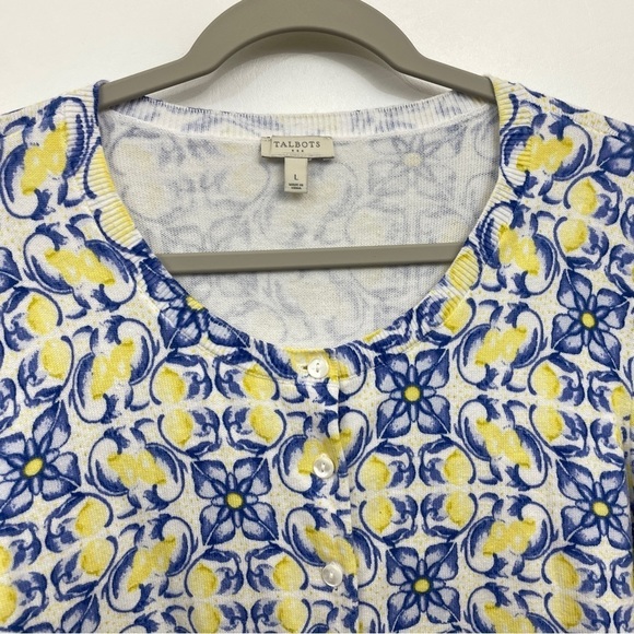 Talbots L Cardigan Sweater Cotton Floral Lemon Novelty Print Button Front - Picture 2 of 6